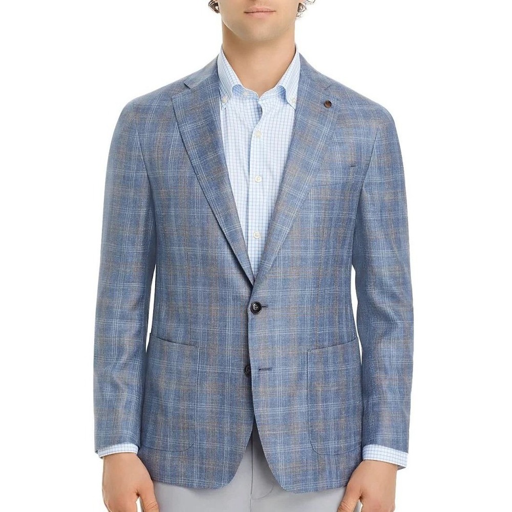Peter Millar Crown Silk Linen Wool Andover Plaid Tailor Fit Sport Coat 46R Blue